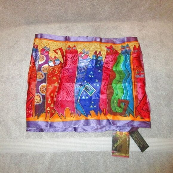 Vtg Laurel Burch Silk Scarf Fantastic Felines Rainbow Cat Kitty Art To Wear NWT - Picture 2 of 11